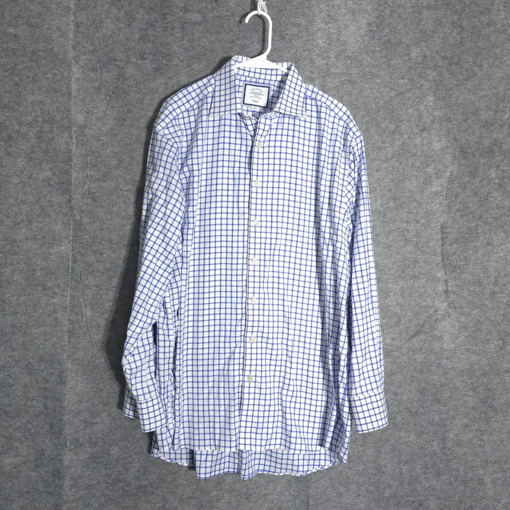 Charles Tyrwhitt Shirt Mens 18/35 Blue White Check Classic Fit Non-Iron Cotton